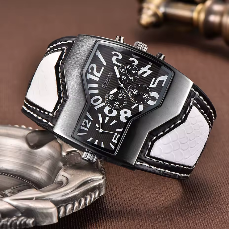 OULM 1220 – Montre Homme Double Fuseau Horaire XXL en Cuir, Quartz Japonais