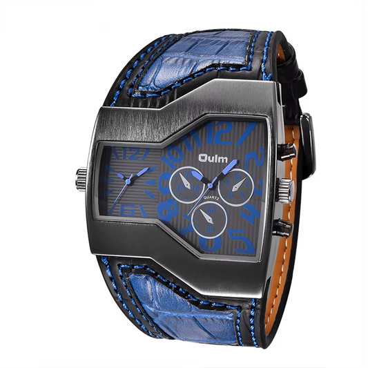 OULM 1220 – Montre Homme Double Fuseau Horaire XXL en Cuir, Quartz Japonais