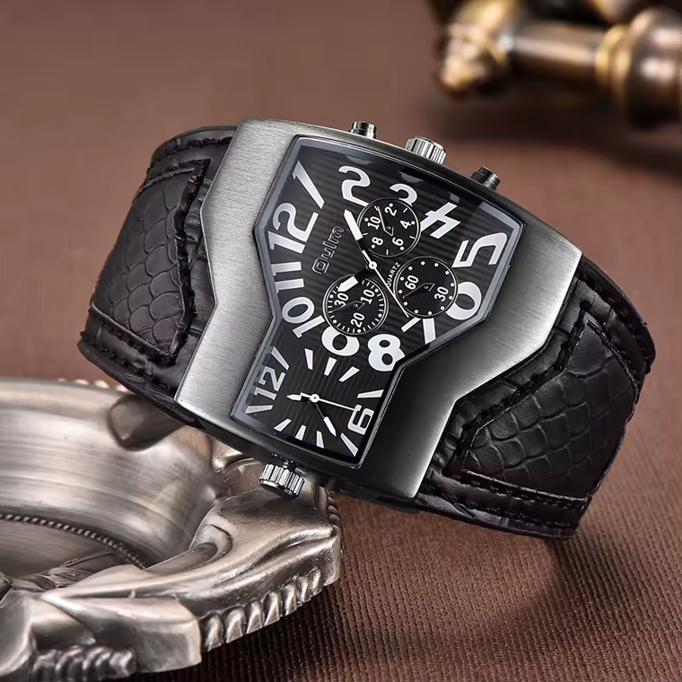 OULM 1220 – Montre Homme Double Fuseau Horaire XXL en Cuir, Quartz Japonais