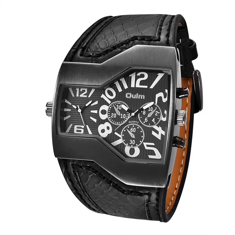 OULM 1220 – Montre Homme Double Fuseau Horaire XXL en Cuir, Quartz Japonais