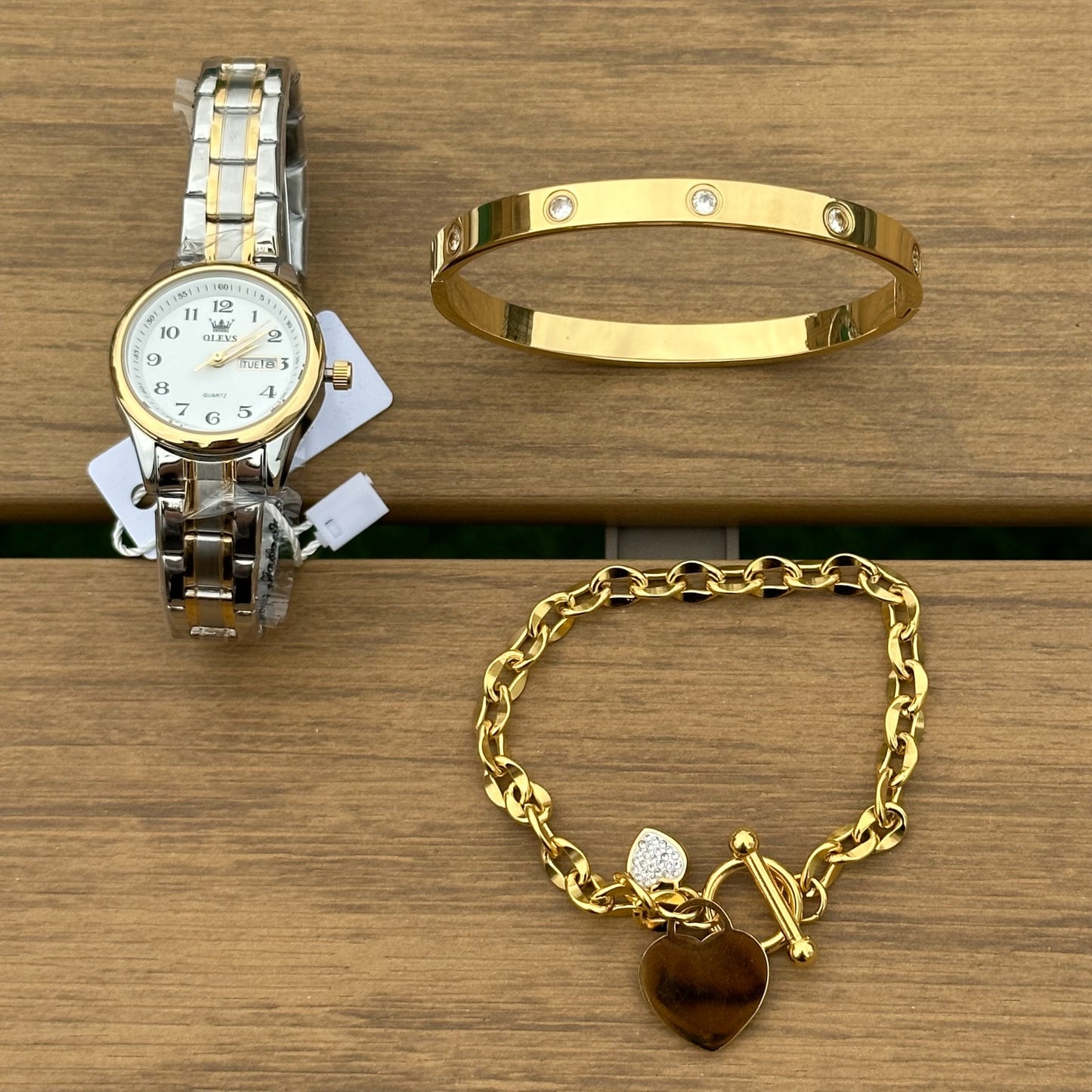 Ensemble de Luxe OLEVS : Montre Femme et 2 Bracelets en Acier Inoxydable Plaqué Or 18K