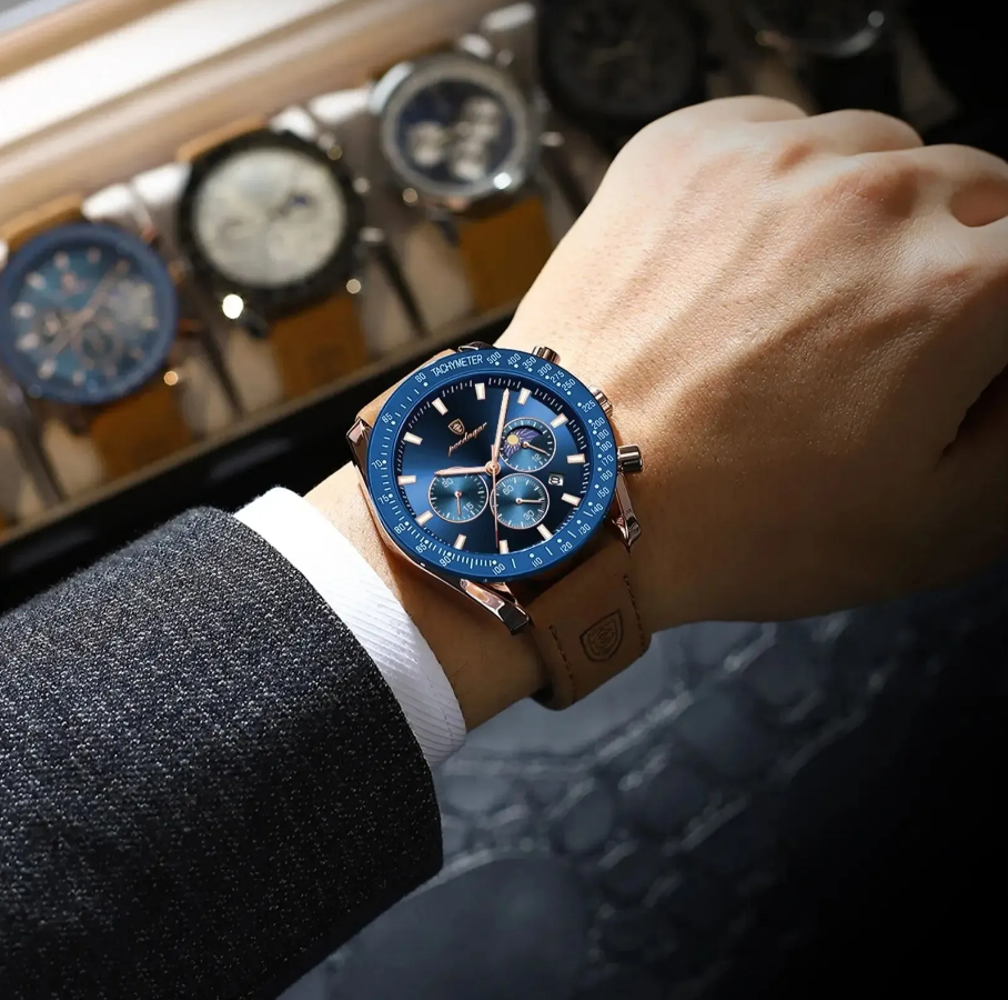 Montre de Sport POEDAGAR pour Hommes - Chronographe Étanche en Cuir avec Mouvement Quartz Japonais