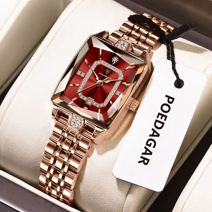 POEDAGAR 785 – Montre Femme Luxe Acier Or Rose avec Cadran Cristal & Diamants