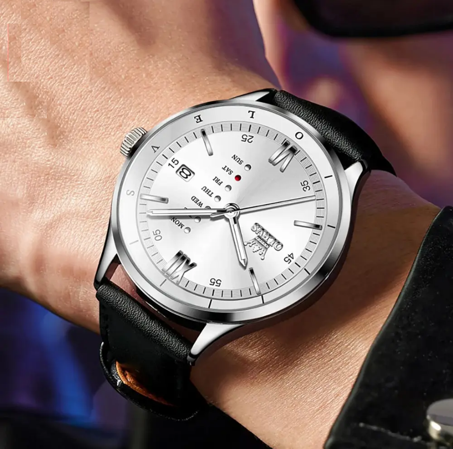 Montre Habillée OLEVS 2931 pour Hommes - Écran Semaine, Étanche, Lumineuse avec Bracelet en Cuir
