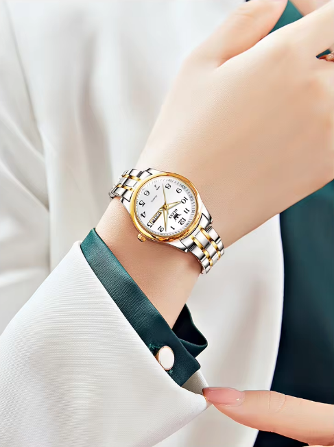 Ensemble de Luxe OLEVS : Montre Femme et 2 Bracelets en Acier Inoxydable Plaqué Or 18K