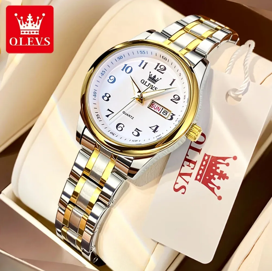 Ensemble de Luxe OLEVS : Montre Femme et 2 Bracelets en Acier Inoxydable Plaqué Or 18K