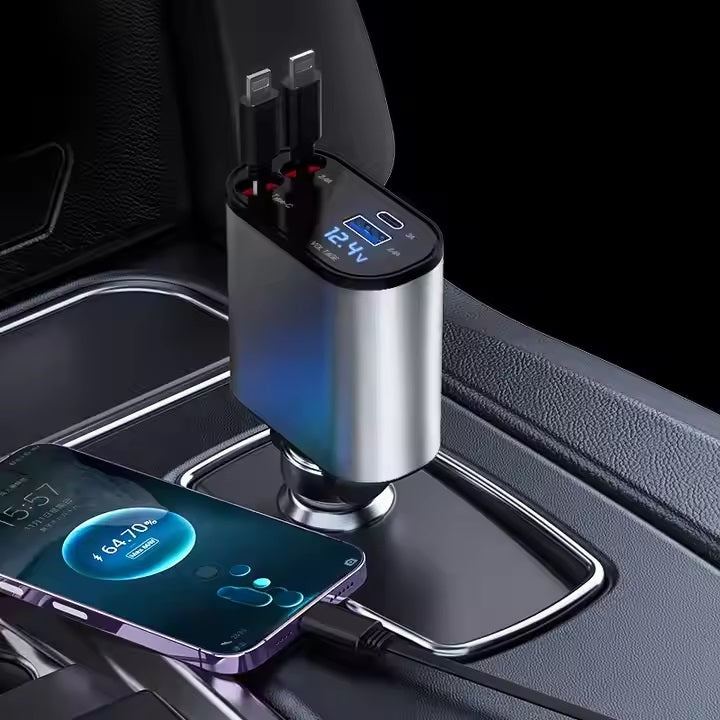 Chargeur de Voiture Rétractable 4 en 1, 120W, Charge Rapide USB-C & USB-A, avec 2 Câbles Rétractables – Compatible iPhone, Samsung, Google et plus