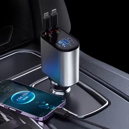Chargeur de Voiture Rétractable 4 en 1, 120W, Charge Rapide USB-C & USB-A, avec 2 Câbles Rétractables – Compatible iPhone, Samsung, Google et plus