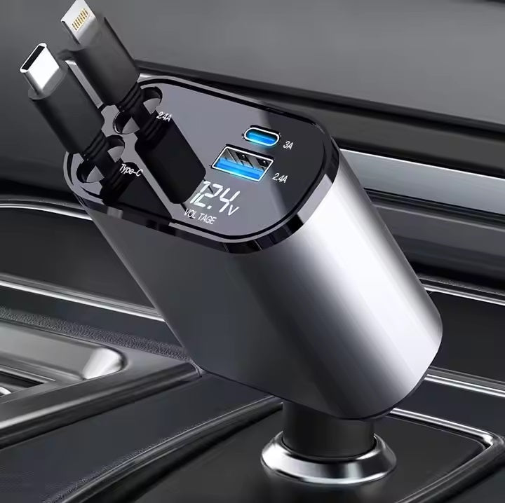 Chargeur de Voiture Rétractable 4 en 1, 120W, Charge Rapide USB-C & USB-A, avec 2 Câbles Rétractables – Compatible iPhone, Samsung, Google et plus