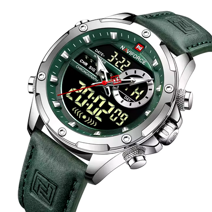 Montre militaire sportive pour homme - Étanche, Multifonction, Chronographe avec bracelet en cuir vert militaire