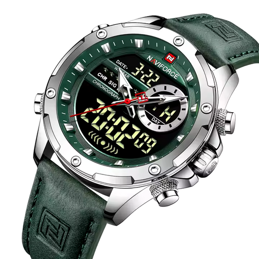Montre militaire sportive pour homme - Étanche, Multifonction, Chronographe avec bracelet en cuir vert militaire