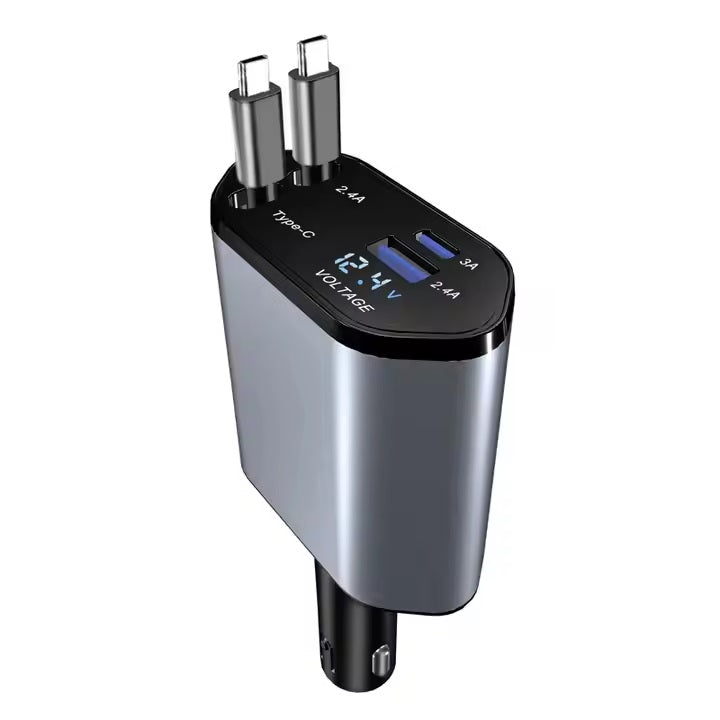 Chargeur de Voiture Rétractable 4 en 1, 120W, Charge Rapide USB-C & USB-A, avec 2 Câbles Rétractables – Compatible iPhone, Samsung, Google et plus