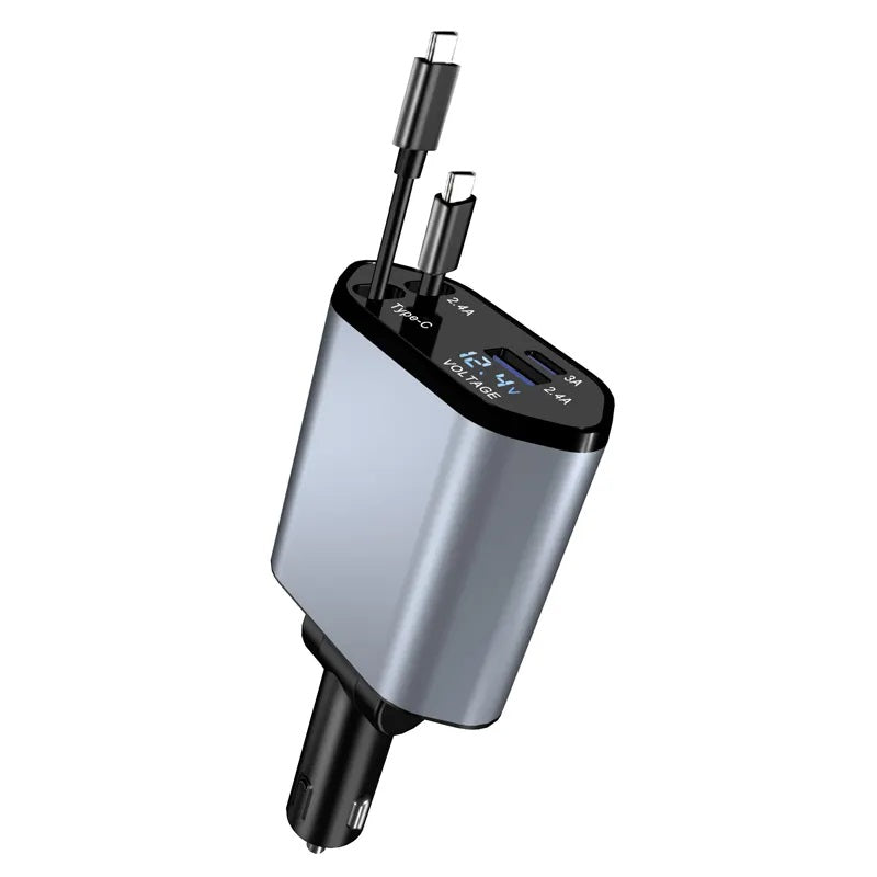 Chargeur de Voiture Rétractable 4 en 1, 120W, Charge Rapide USB-C & USB-A, avec 2 Câbles Rétractables – Compatible iPhone, Samsung, Google et plus