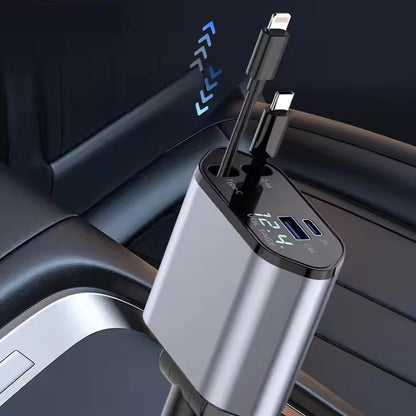 Chargeur de Voiture Rétractable 4 en 1, 120W, Charge Rapide USB-C & USB-A, avec 2 Câbles Rétractables – Compatible iPhone, Samsung, Google et plus