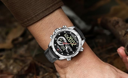 Montre militaire sportive pour homme - Étanche, Multifonction, Chronographe avec bracelet en cuir vert militaire