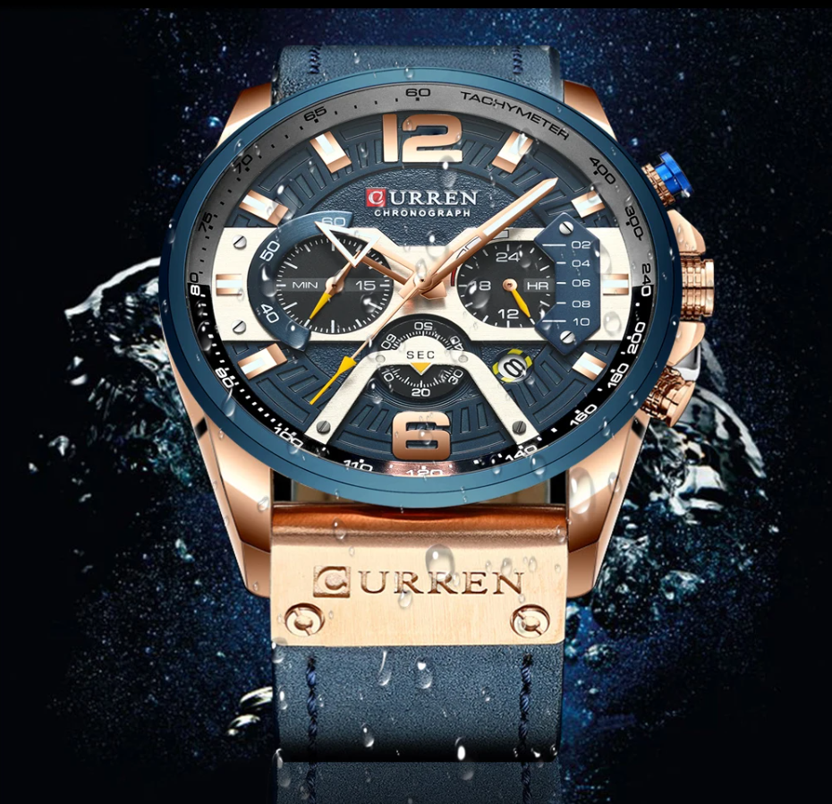 Montre de Sport Décontractée pour Homme - Chronographe Bleu Militaire en Cuir