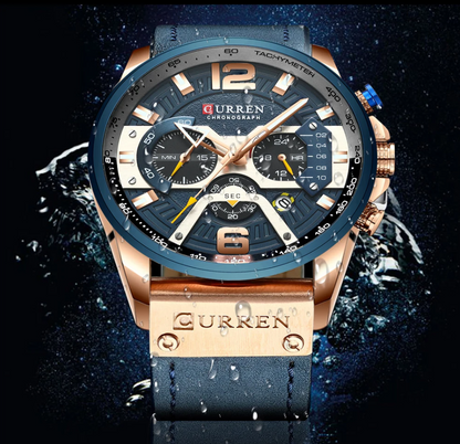 Montre de Sport Décontractée pour Homme - Chronographe Bleu Militaire en Cuir