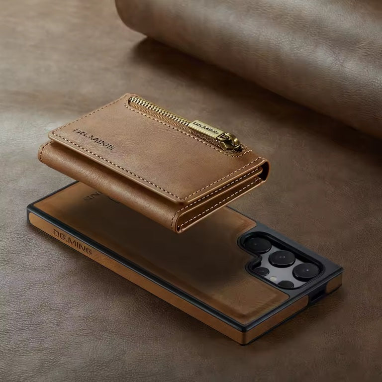 Étui Portefeuille Détachable Marron en Cuir Rétro pour Samsung Galaxy S26/25/24/23/22/21 Ultra avec Fonction Magnétique