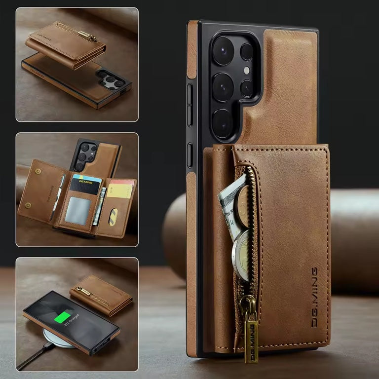 Étui Portefeuille Détachable Marron en Cuir Rétro pour Samsung Galaxy S26/25/24/23/22/21 Ultra avec Fonction Magnétique