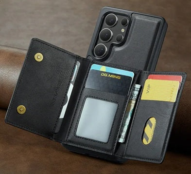 Étui Portefeuille Détachable Noir en Cuir Rétro pour Samsung Galaxy S26/25/24/23/22/21 Ultra avec Fonction Magnétique