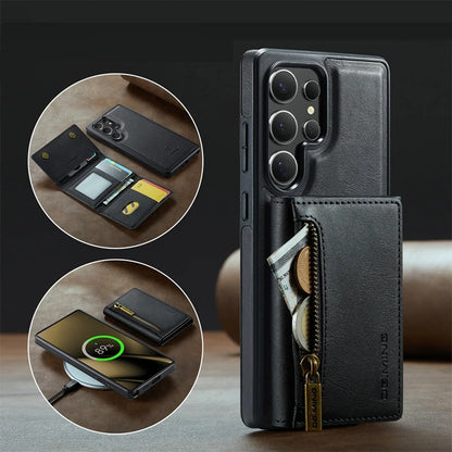 Étui Portefeuille Détachable Noir en Cuir Rétro pour Samsung Galaxy S26/25/24/23/22/21 Ultra avec Fonction Magnétique