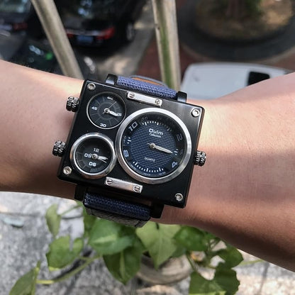 Oulm 3595 – Montre Homme Militaire Carrée à 3 Fuseaux Horaires avec Bracelet en Toile