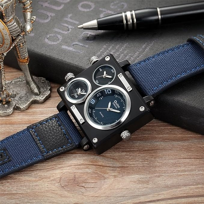 Oulm 3595 – Montre Homme Militaire Carrée à 3 Fuseaux Horaires avec Bracelet en Toile