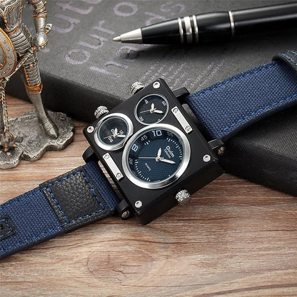 Oulm 3595 – Montre Homme Militaire Carrée à 3 Fuseaux Horaires avec Bracelet en Toile