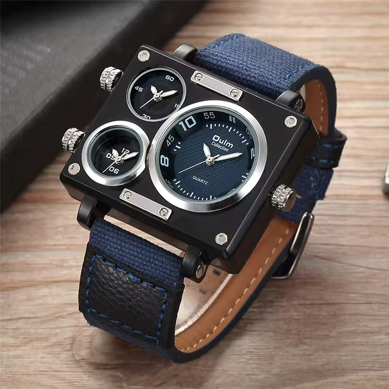 Oulm 3595 – Montre Homme Militaire Carrée à 3 Fuseaux Horaires avec Bracelet en Toile