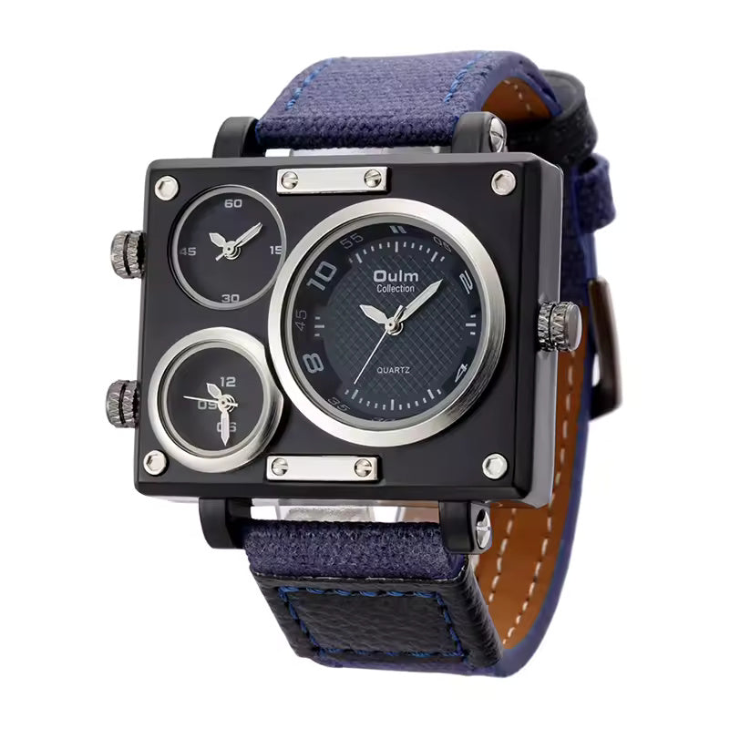 Oulm 3595 – Montre Homme Militaire Carrée à 3 Fuseaux Horaires avec Bracelet en Toile