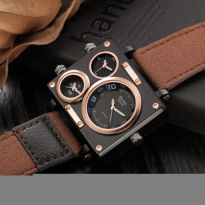 Oulm 3595 – Montre Homme Militaire Carrée à 3 Fuseaux Horaires avec Bracelet en Toile