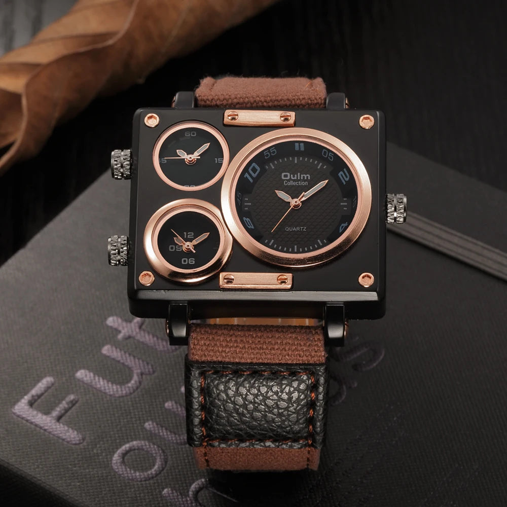 Oulm 3595 – Montre Homme Militaire Carrée à 3 Fuseaux Horaires avec Bracelet en Toile