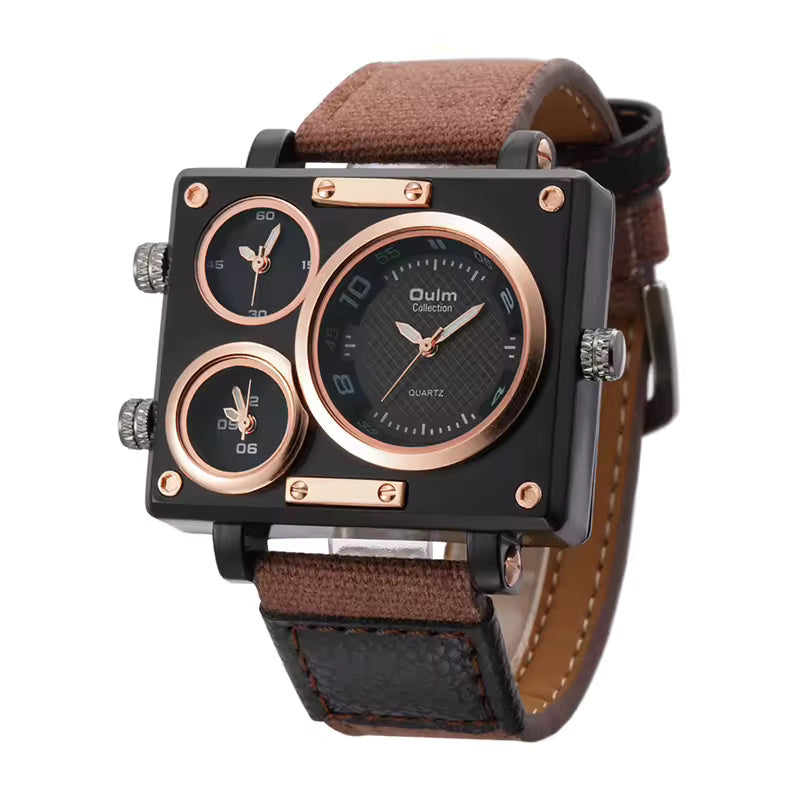 Oulm 3595 – Montre Homme Militaire Carrée à 3 Fuseaux Horaires avec Bracelet en Toile