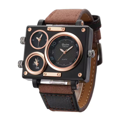 Oulm 3595 – Montre Homme Militaire Carrée à 3 Fuseaux Horaires avec Bracelet en Toile