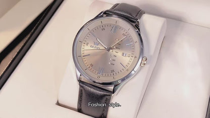 Montre Habillée OLEVS 2931 pour Hommes - Gris - Écran Semaine, Étanche, Lumineuse avec Bracelet en Cuir