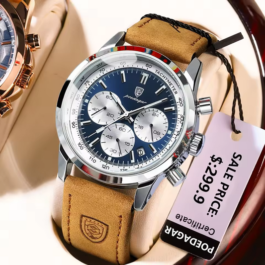 Montre Chronographe Homme POEDAGAR – Étanche, Lumineuse, Quartz, Bracelet en Cuir