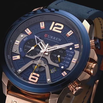 Montre de Sport Décontractée pour Homme - Chronographe Bleu Militaire en Cuir