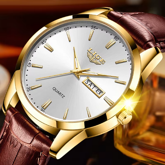 Montre habillée LIGE 8970 Homme – Bracelet en Cuir, Étanche, Affichage du Calendrier