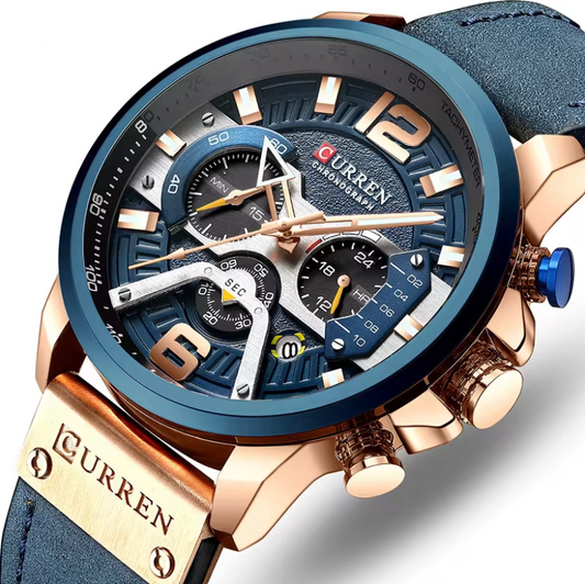 Montre de Sport Décontractée pour Homme - Chronographe Bleu Militaire en Cuir
